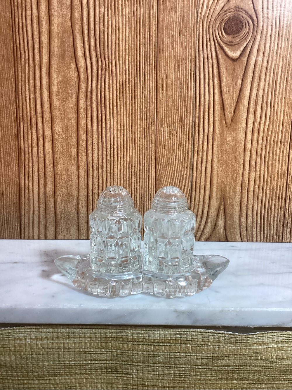 Vintage Bohemia Glass Crystal Czech Salt & Pepper Shakers on Tray